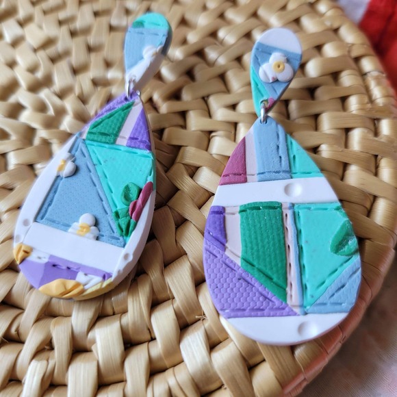 Patchwork Quilt Earrings Polymer Clay Teardrop - Picture 3 of 5